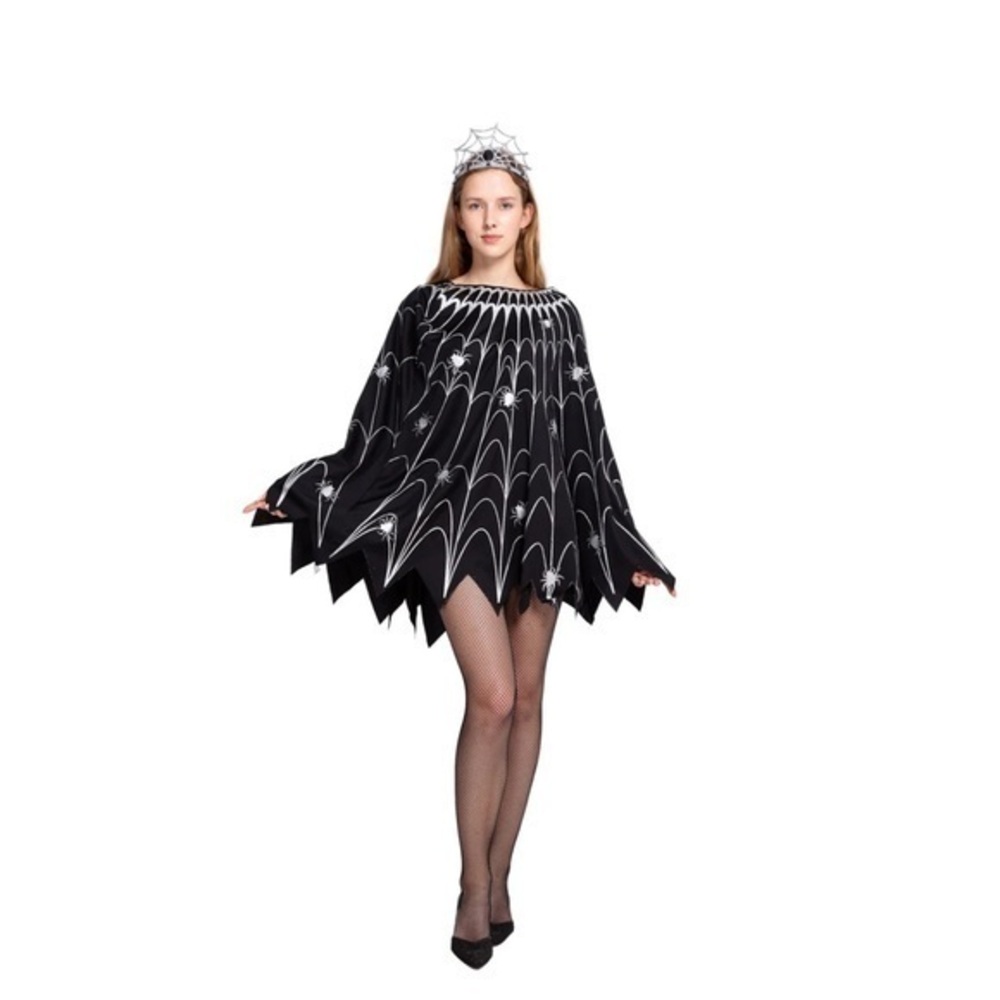 SPOOKTACULAR Spider Web Dress Poncho Halloween Costume with glow effect & crown